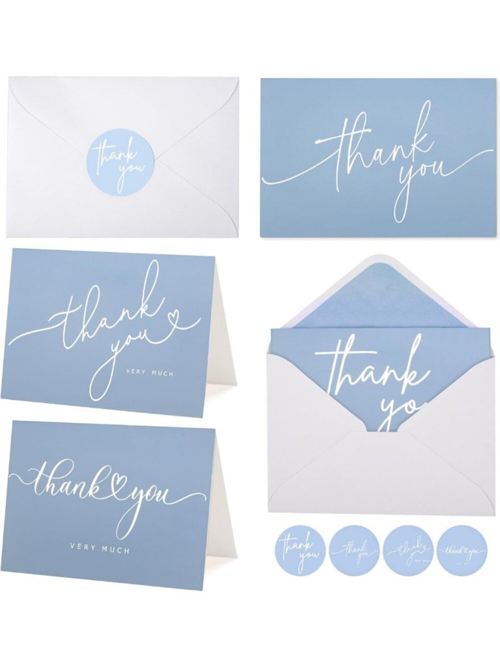 100 Light Blue Thank You Cards & Envelopes - Minimalist Designs for Weddings